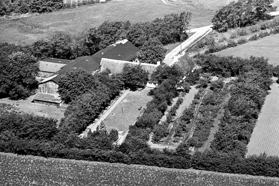 Luftfoto af Sølstedgård i 1946 — den oprindelige landbrugsejendom på Sølstedgårdvej ved Løgumkloster, før branden i 1971
